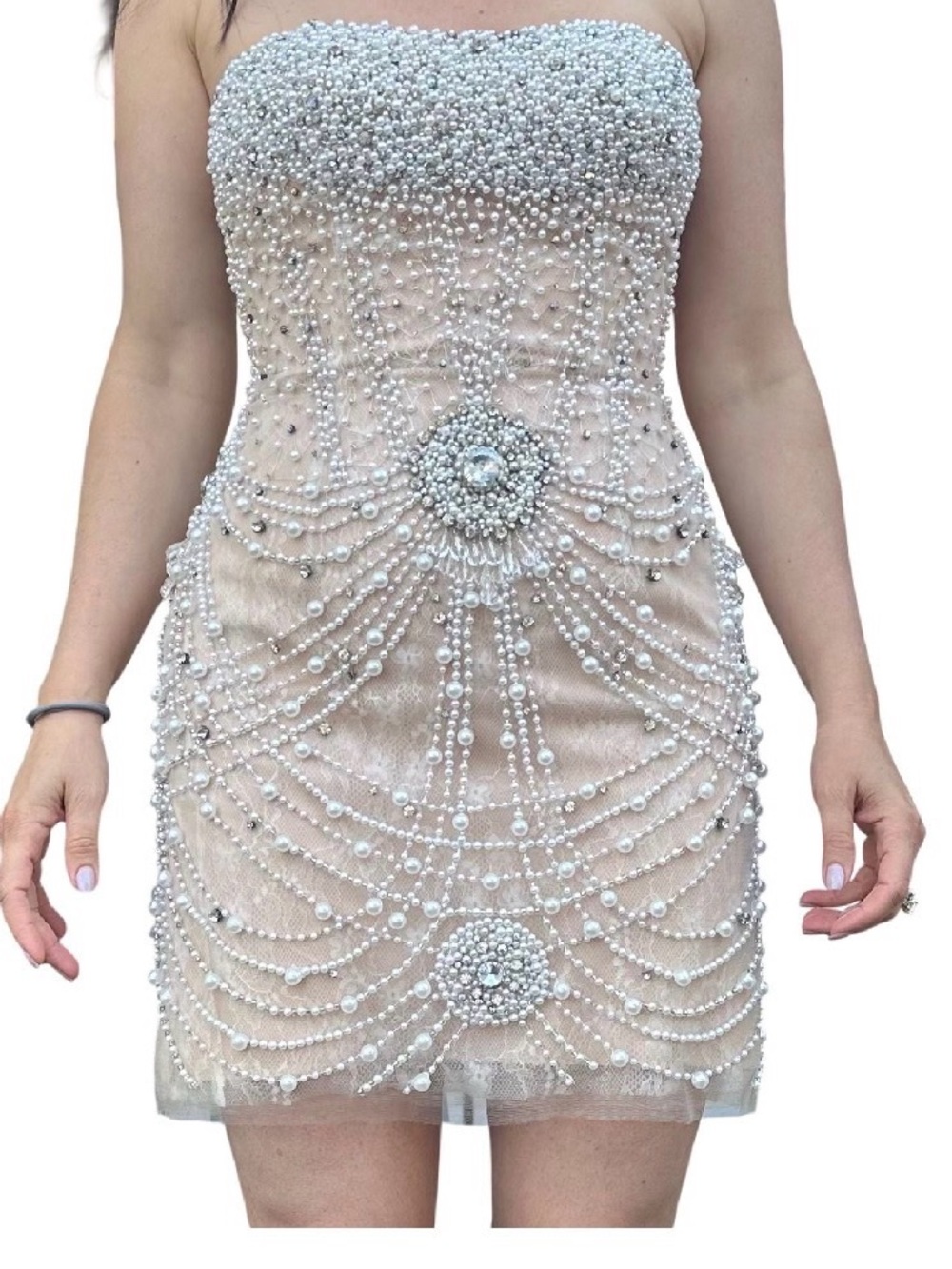 Sherri Hill Strapless Nude Pearl-Embellished Cocktail Dress